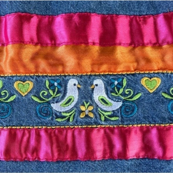 Vintage 90s Country Casuals Embroidered Love Dove Ribbon Denim /jean Maxi Dress - Picture 5 of 12